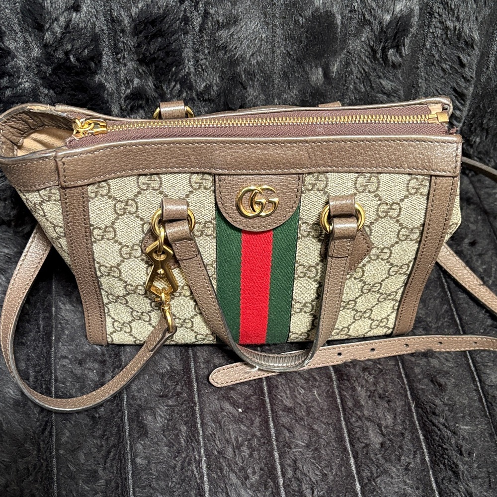 Gucci Beige and Brown Shoulder Bag with Gold Accents